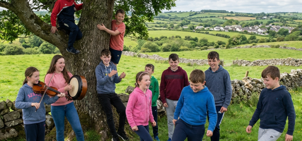 Children play soccer, climb a tree, and perform music in a green rural field.