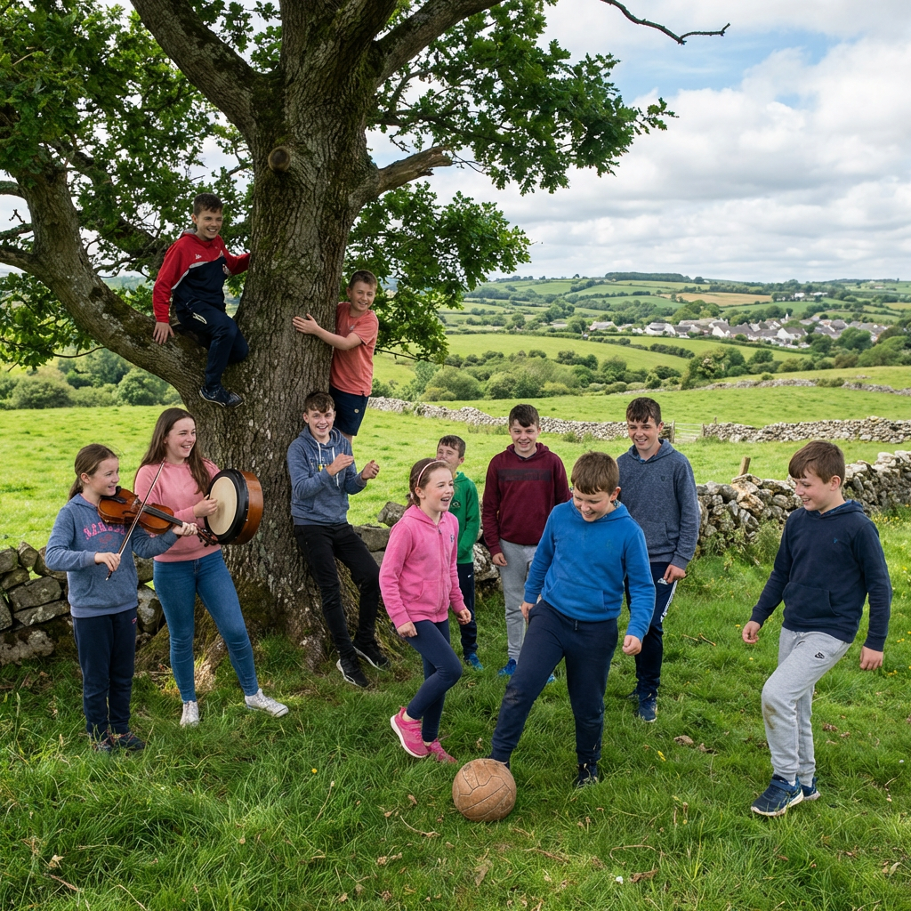 Children play soccer, climb a tree, and perform music in a green rural field.