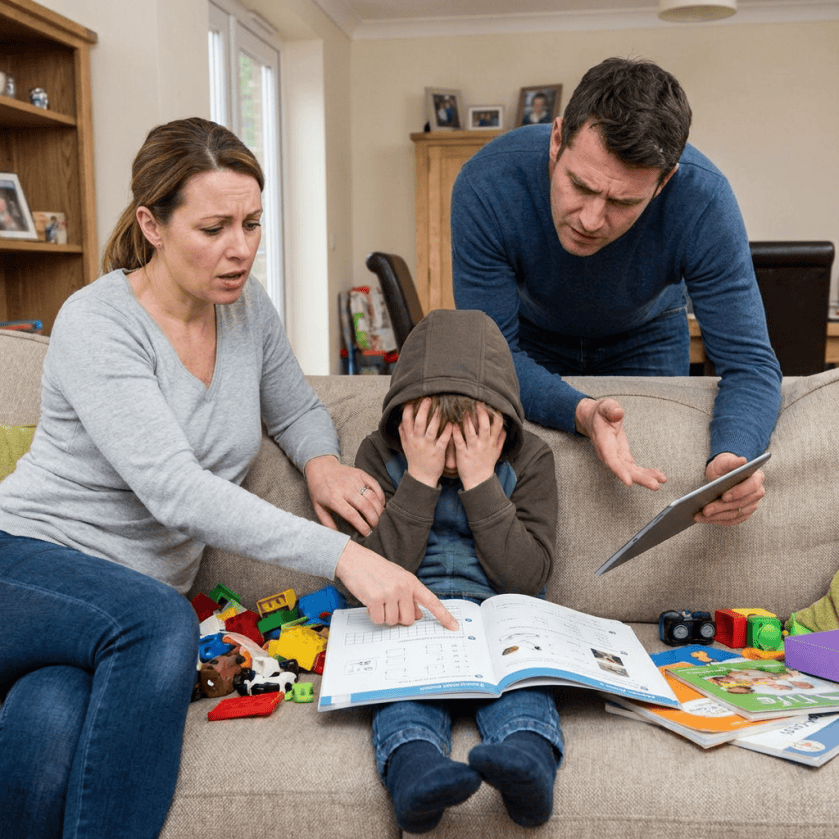 Stressed parents and child struggling with homework and a tablet on a couch.