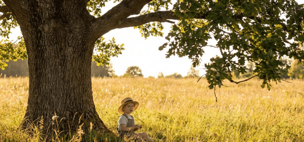 A young child in a straw hat sitting at the base of a large oak tree.
