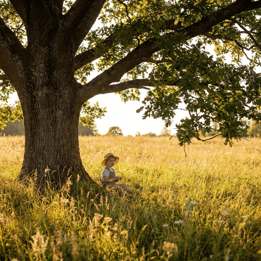 A young child in a straw hat sitting at the base of a large oak tree.