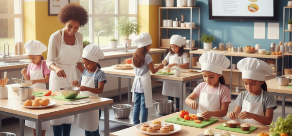 Diverse children and a teacher practicing food preparation skills in a culinary arts workshop.