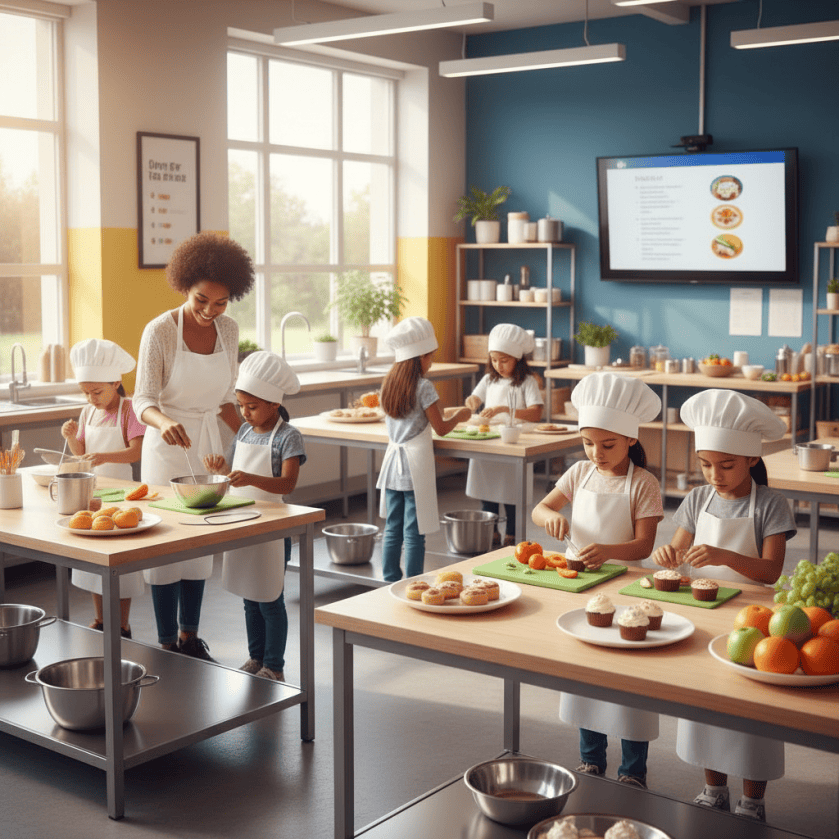 Diverse children and a teacher practicing food preparation skills in a culinary arts workshop.