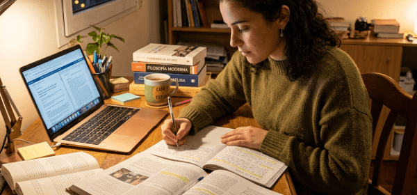 Woman writing notes at a desk with open books and laptop