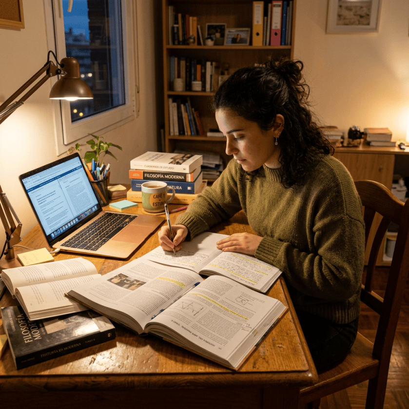 Woman writing notes at a desk with open books and laptop