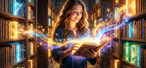 Woman reading a magical glowing book in an ancient library.