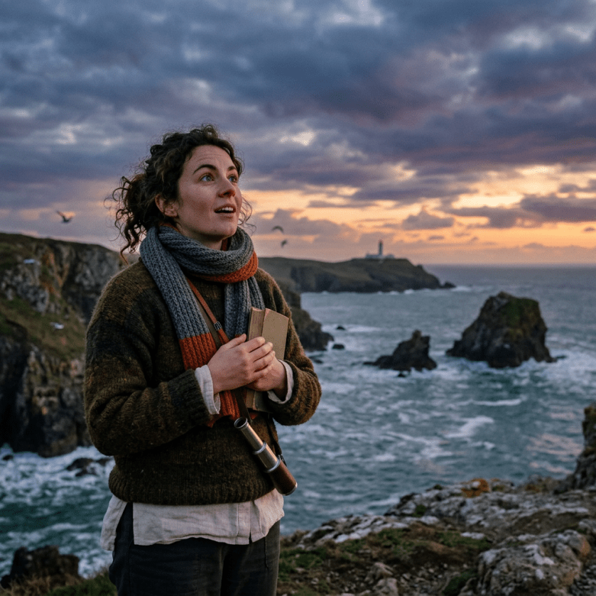 Woman holding notebook and telescope on rocky coastal cliffs at sunset