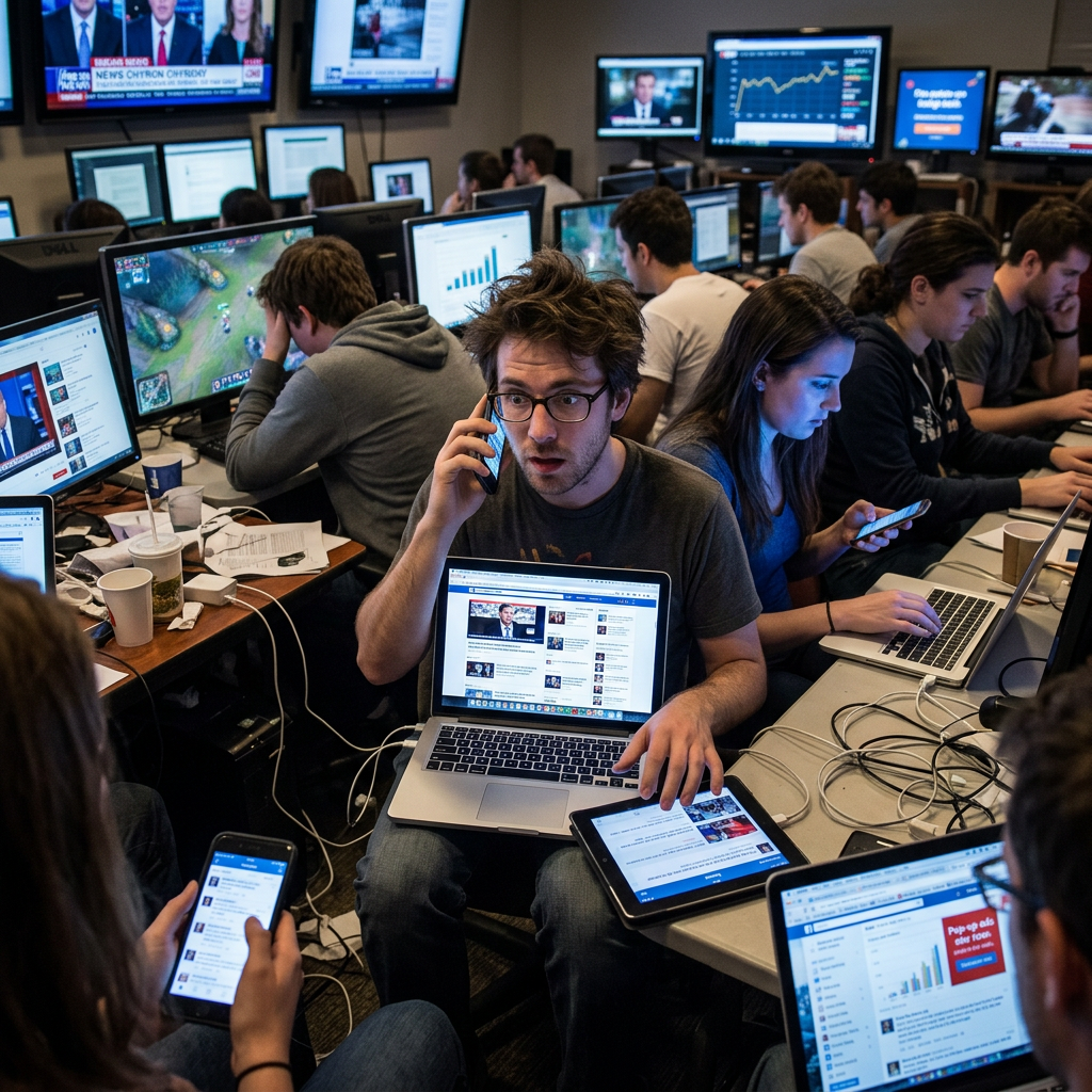 People using laptops, smartphones, and tablets in a busy media workspace with multiple monitors