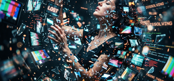 Woman surrounded by shattered digital screens showing distorted faces and messages like lost, noise, dissolving