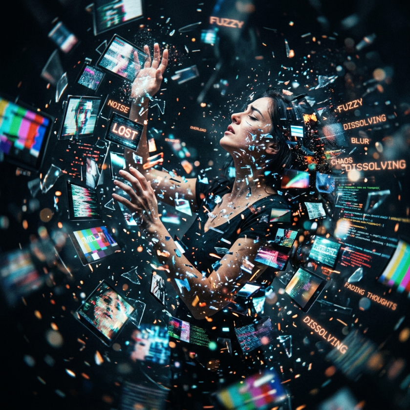 Woman surrounded by shattered digital screens showing distorted faces and messages like lost, noise, dissolving