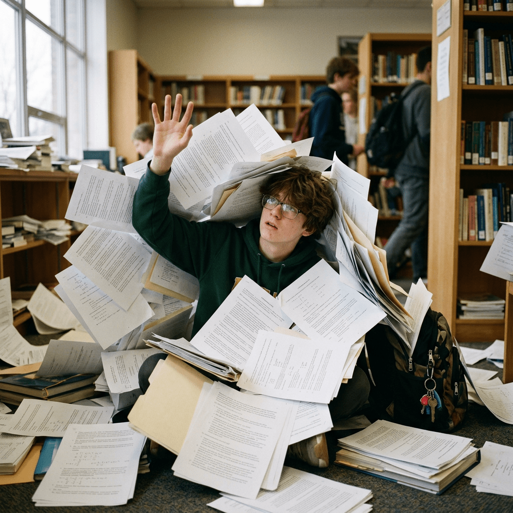 Student sitting on floor surrounded by piles of papers and books in a library