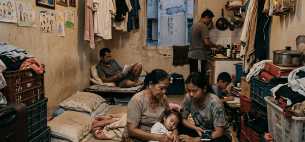 Family of six in a small living space with mattresses, clothes hanging, and kitchen area