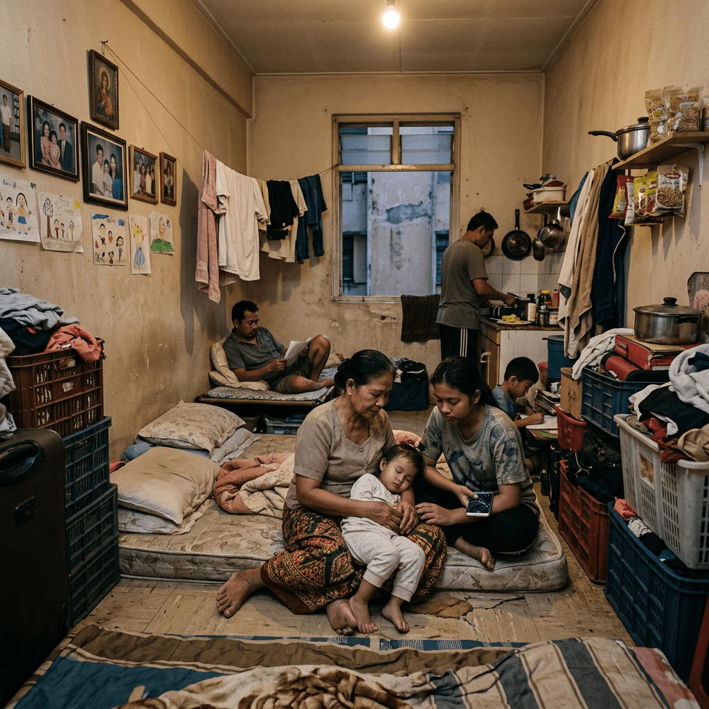 Family of six in a small living space with mattresses, clothes hanging, and kitchen area