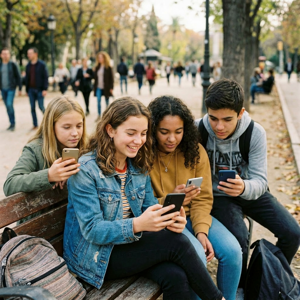 Four teenagers sitting closely on a park bench looking at a smartphone and smiling