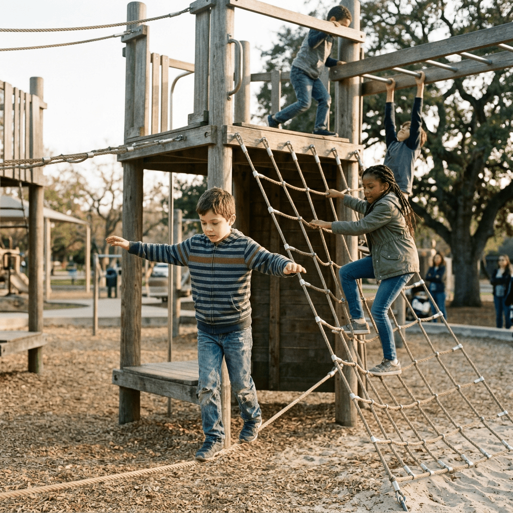 Children climbing rope net and balancing on a rope at playground