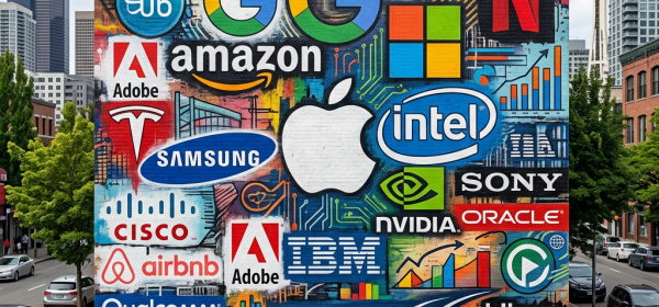 Colorful mural featuring logos of leading tech companies like Apple, Google, Amazon, Microsoft, and others