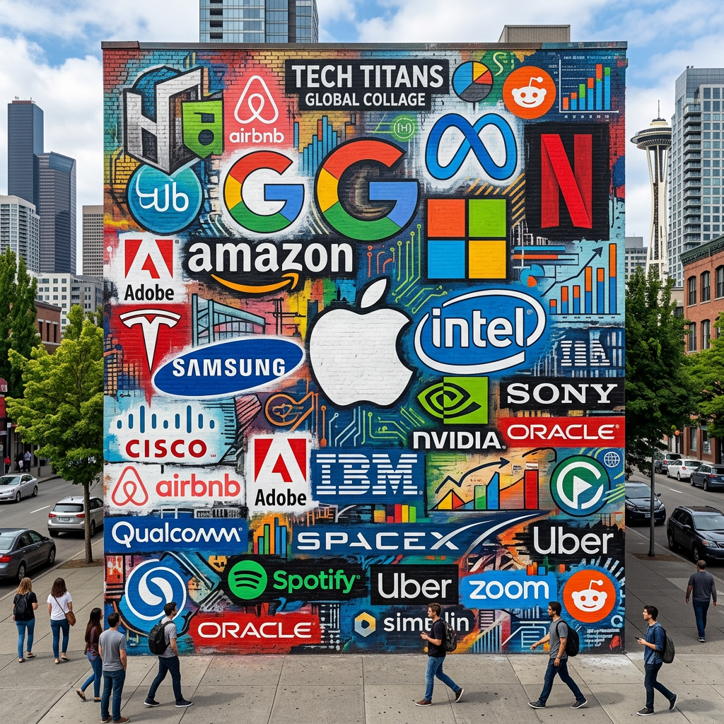 Colorful mural featuring logos of leading tech companies like Apple, Google, Amazon, Microsoft, and others