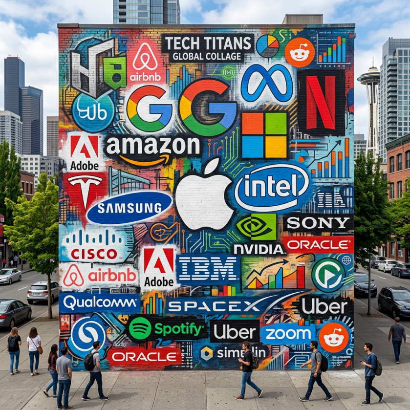 Colorful mural featuring logos of leading tech companies like Apple, Google, Amazon, Microsoft, and others