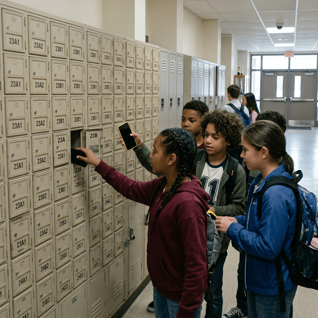 Students opening lockers and holding smartphones in a school hallway
