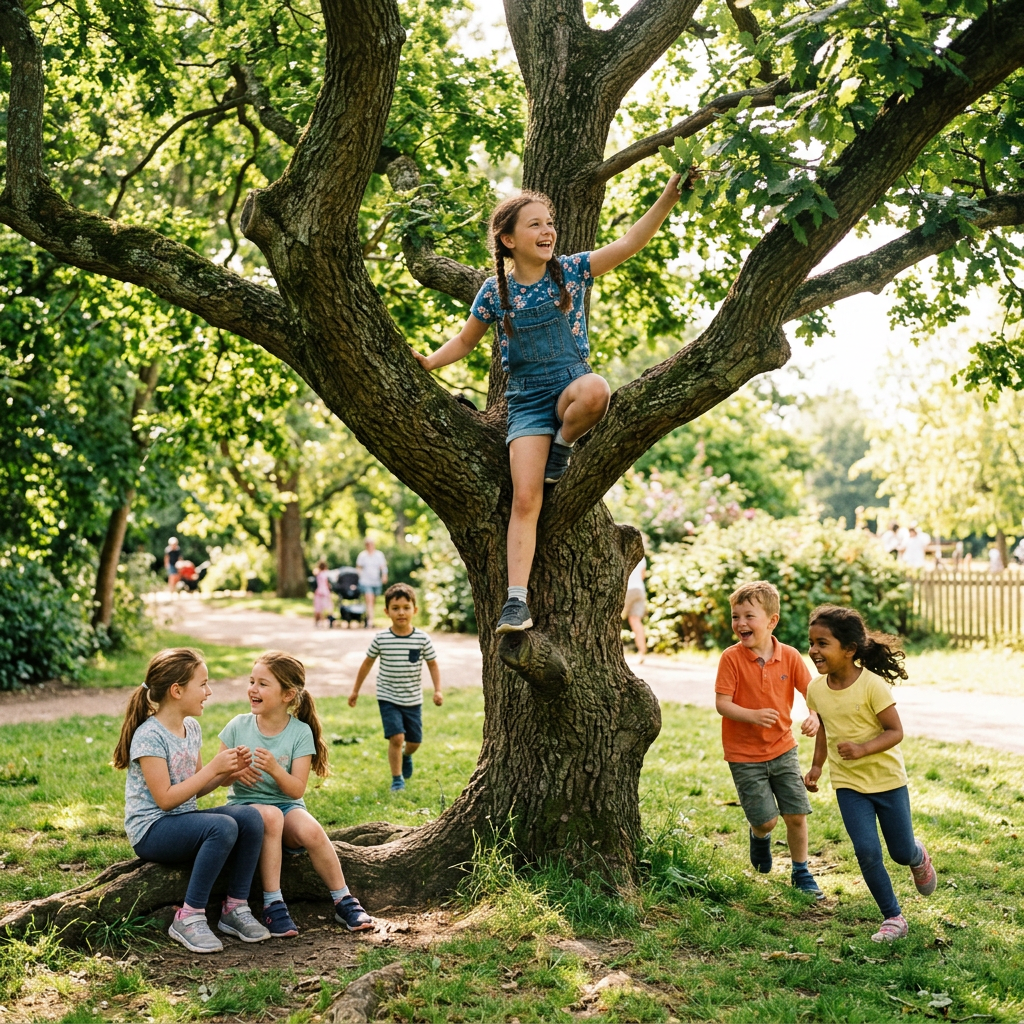 Group of children playing and climbing a tree in a green park