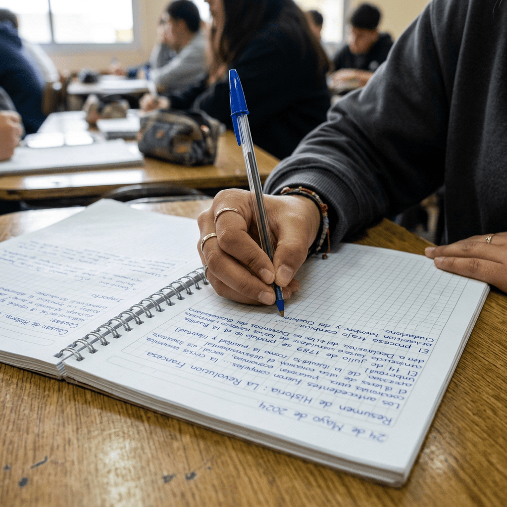 Student writing handwritten notes in a spiral notebook during class