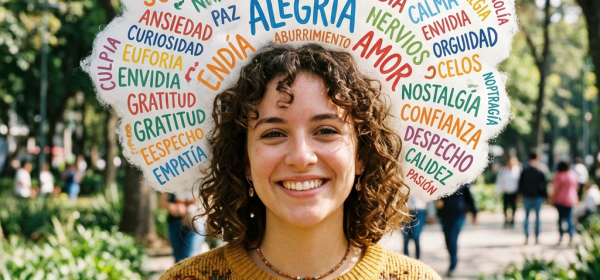 Smiling woman in park beneath Spanish words including alegría, tristeza, miedo, amor, esperanza, ansiedad, orgullo, calma, and gratitud.