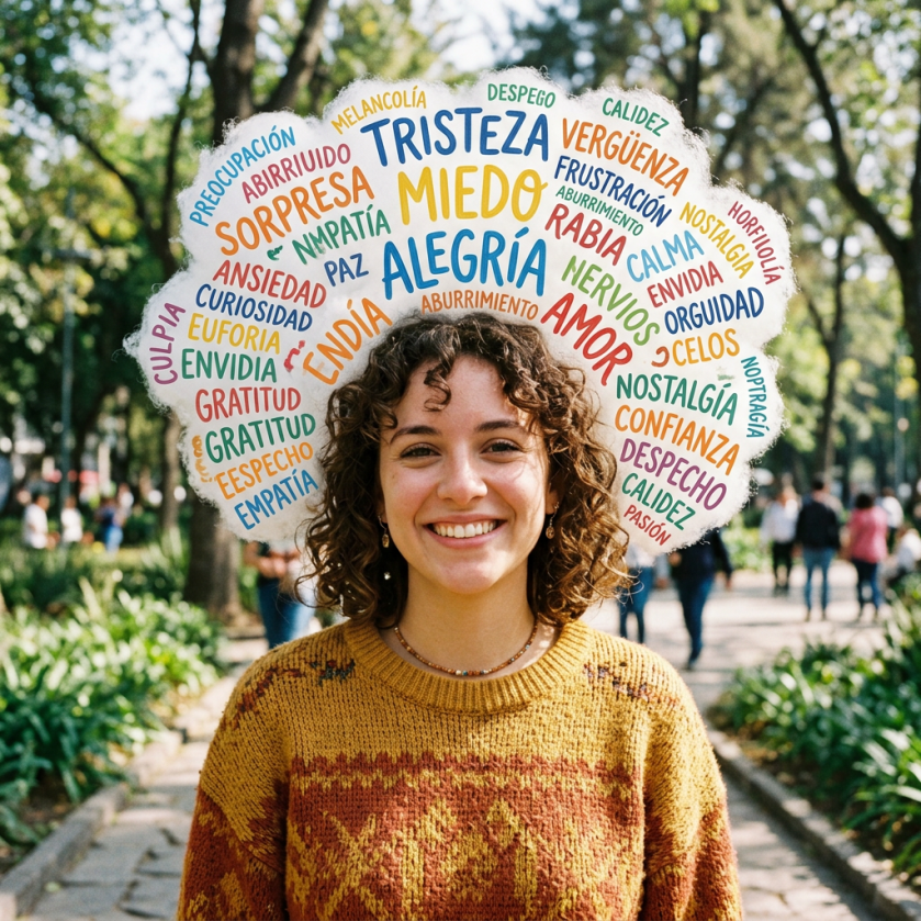 Smiling woman in park beneath Spanish words including alegría, tristeza, miedo, amor, esperanza, ansiedad, orgullo, calma, and gratitud.