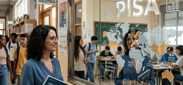 Woman holding “INFORME PISA 2025” beside a display reading “EL INFORME PISA”