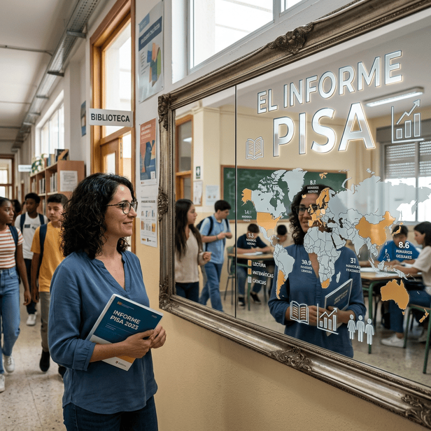 Woman holding “INFORME PISA 2025” beside a display reading “EL INFORME PISA”