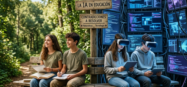 Four students study beside signs reading “LA IA EN EDUCACIÓN” and “CONTRADICCIONES A RESOLVER”; two use VR headsets among computer screens.