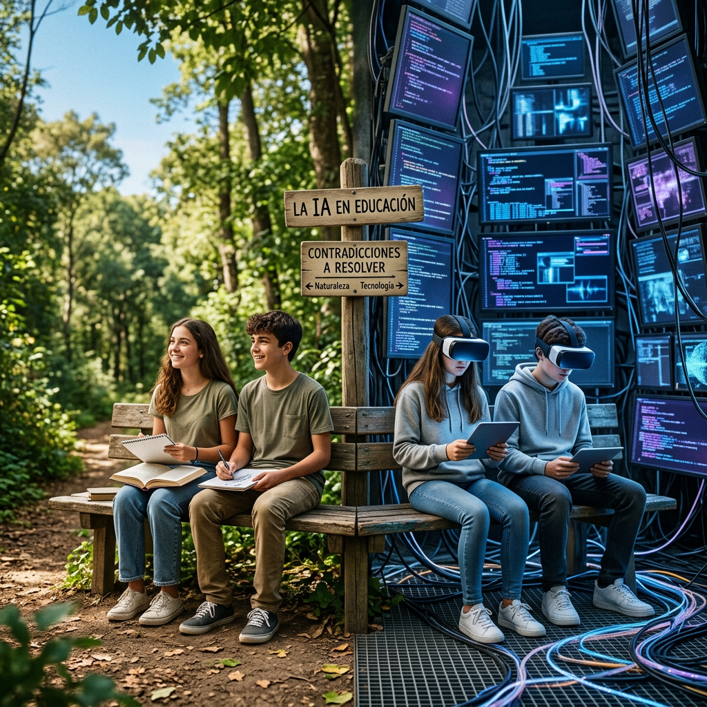 Four students study beside signs reading “LA IA EN EDUCACIÓN” and “CONTRADICCIONES A RESOLVER”; two use VR headsets among computer screens.