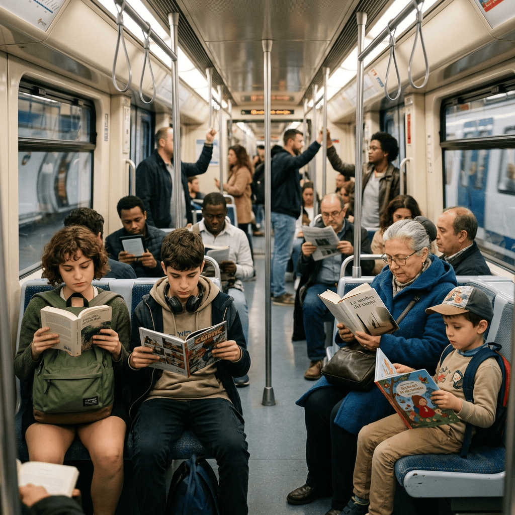 Passengers reading books and newspapers inside a crowded train carriage