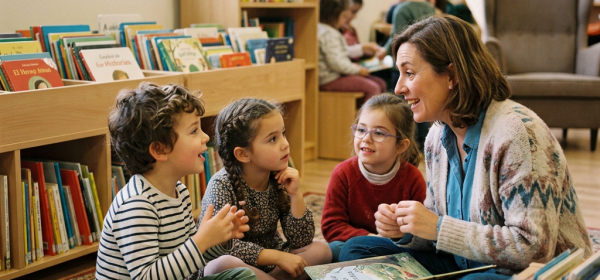 Teacher reading with three children in a library surrounded by books