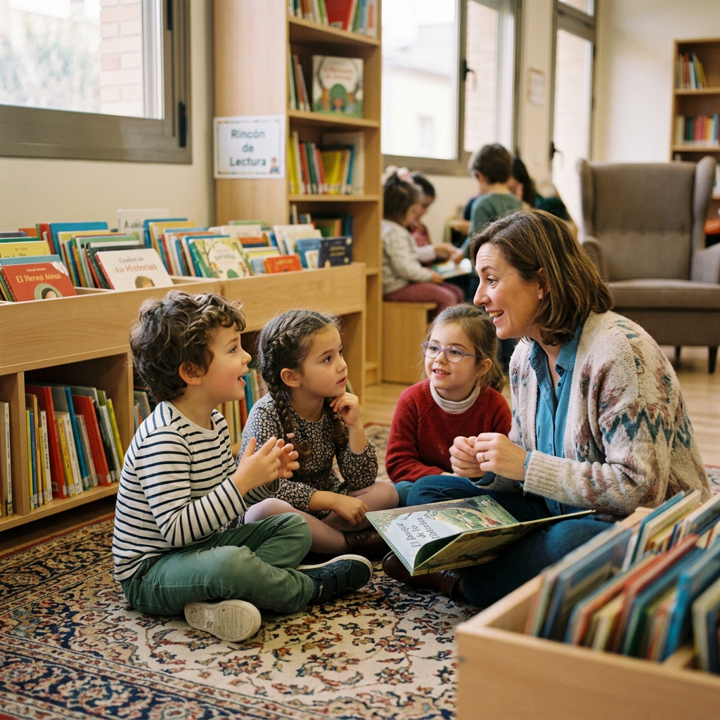Teacher reading with three children in a library surrounded by books